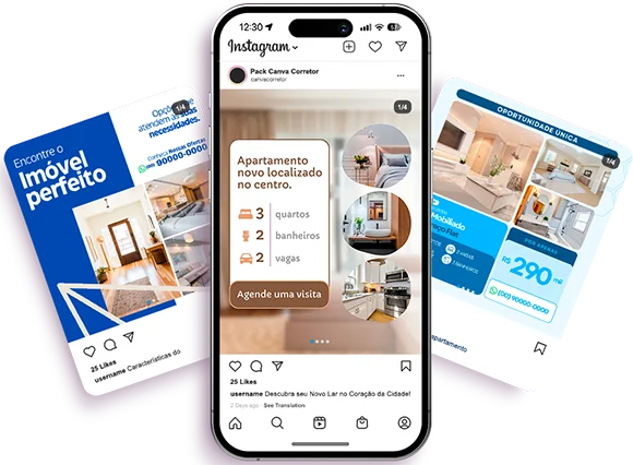Exemplos de posts do Ultra Pack Canva Corretor de Imóveis